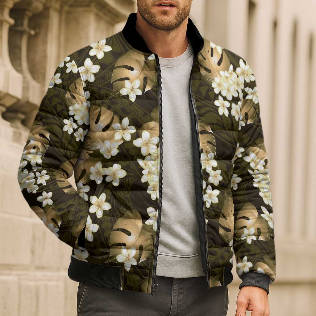 Gold Tropical Hawaii Bomber Puffer Jacket Seamless Monstera Plumeria Hawaiian Pattern LT14 - Polynesian Pride