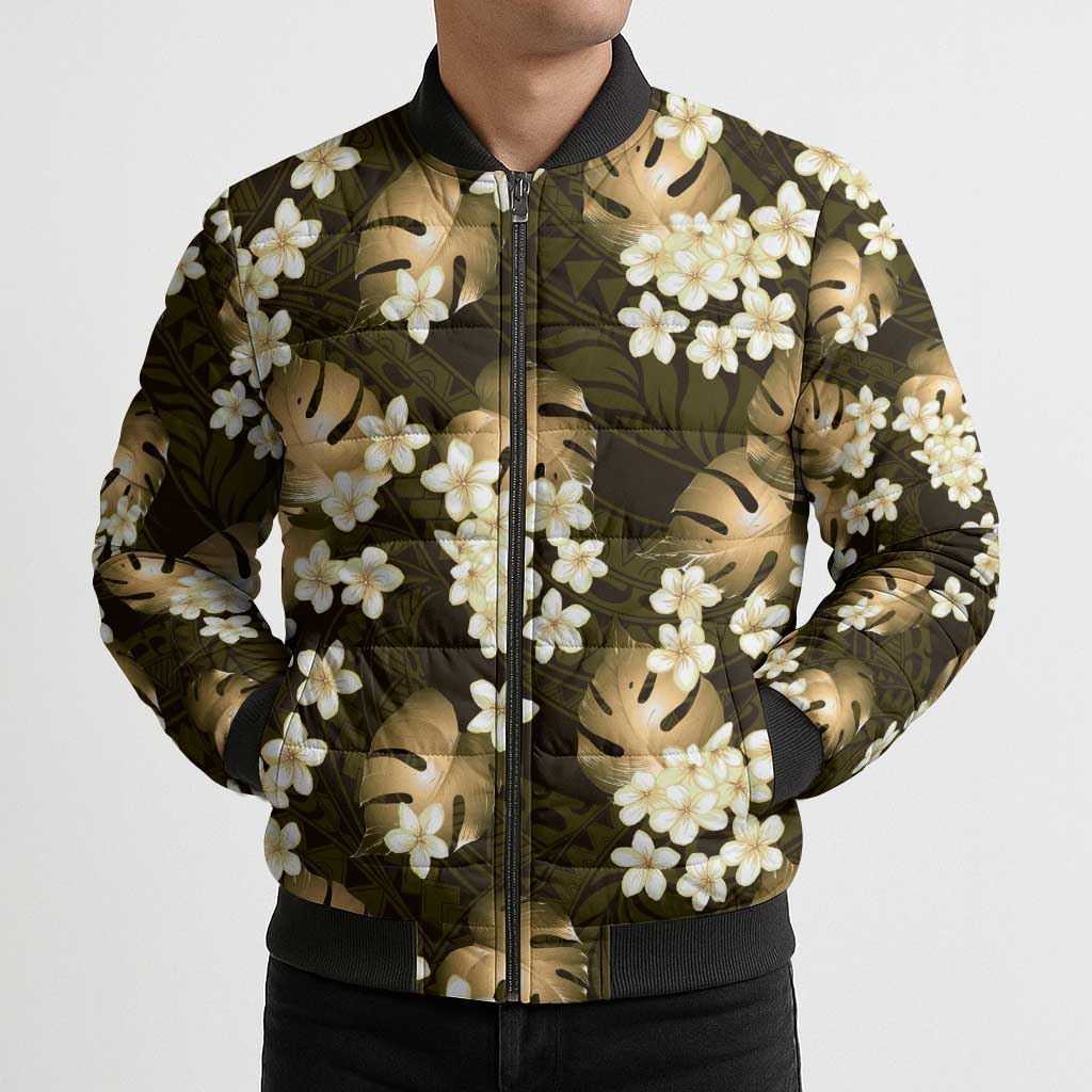 Gold Tropical Hawaii Bomber Puffer Jacket Seamless Monstera Plumeria Hawaiian Pattern LT14 - Polynesian Pride