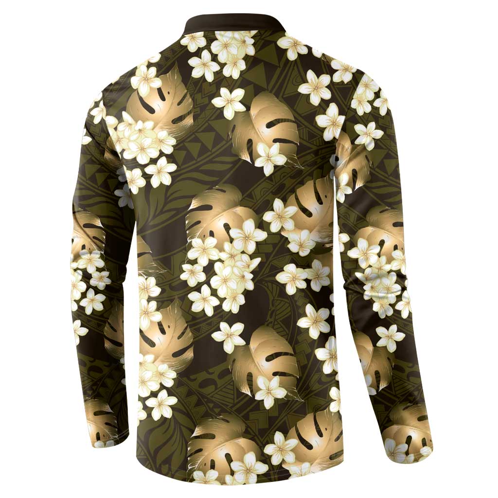 Gold Tropical Hawaii Button Sweatshirt Seamless Monstera Plumeria Hawaiian Pattern LT14 - Polynesian Pride