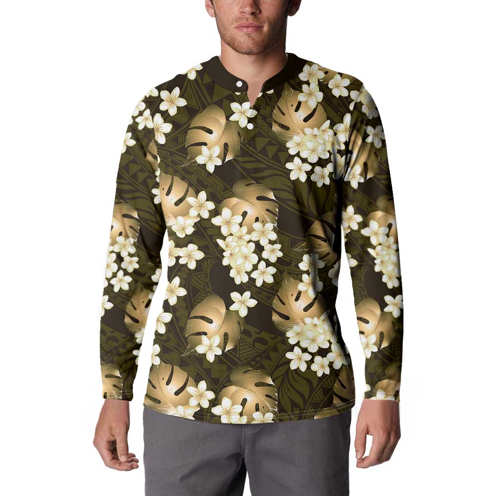 Gold Tropical Hawaii Button Sweatshirt Seamless Monstera Plumeria Hawaiian Pattern LT14 - Polynesian Pride
