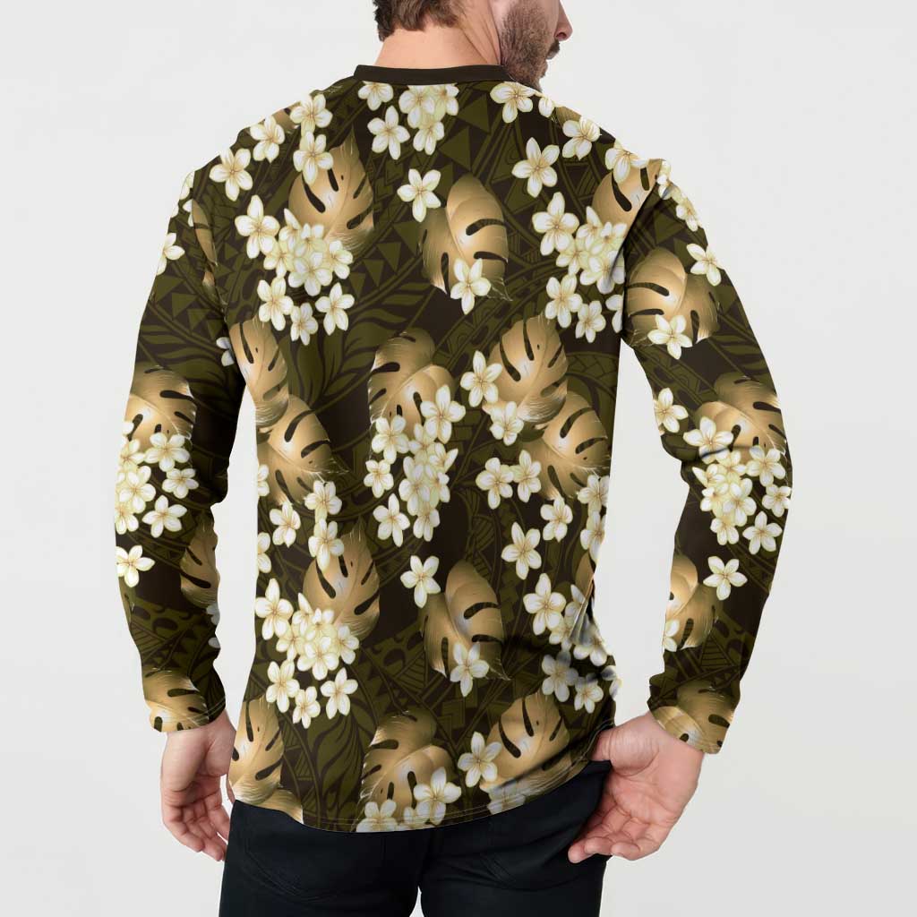 Gold Tropical Hawaii Button Sweatshirt Seamless Monstera Plumeria Hawaiian Pattern LT14 - Polynesian Pride