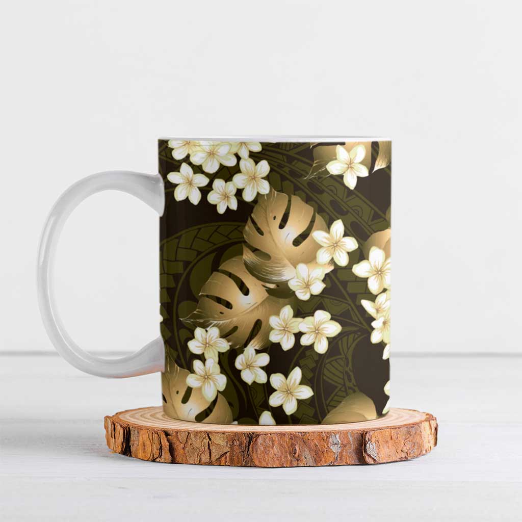 Gold Tropical Hawaii Ceramic Mug Seamless Monstera Plumeria Hawaiian Pattern LT14 Gold - Polynesian Pride