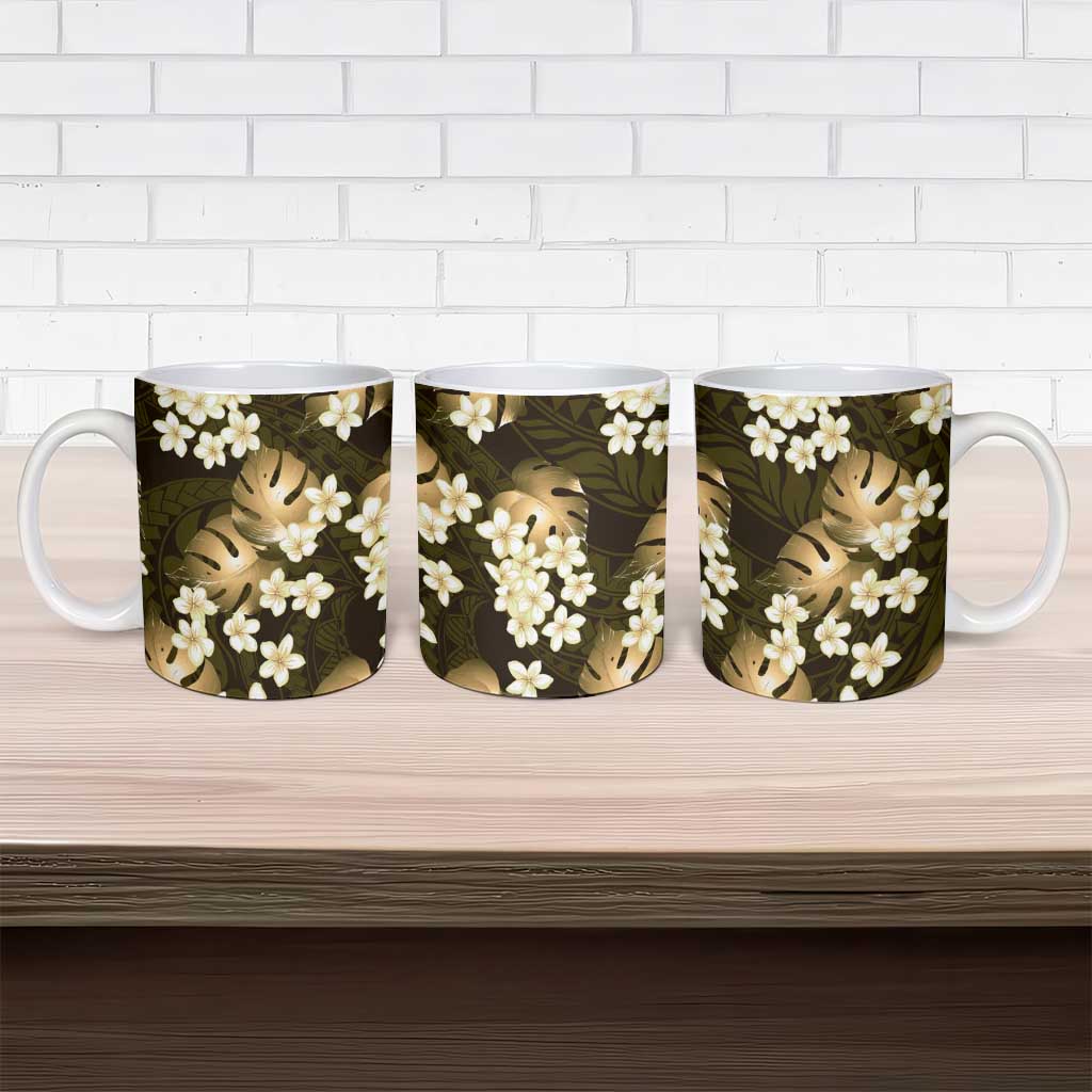 Gold Tropical Hawaii Ceramic Mug Seamless Monstera Plumeria Hawaiian Pattern LT14 - Polynesian Pride
