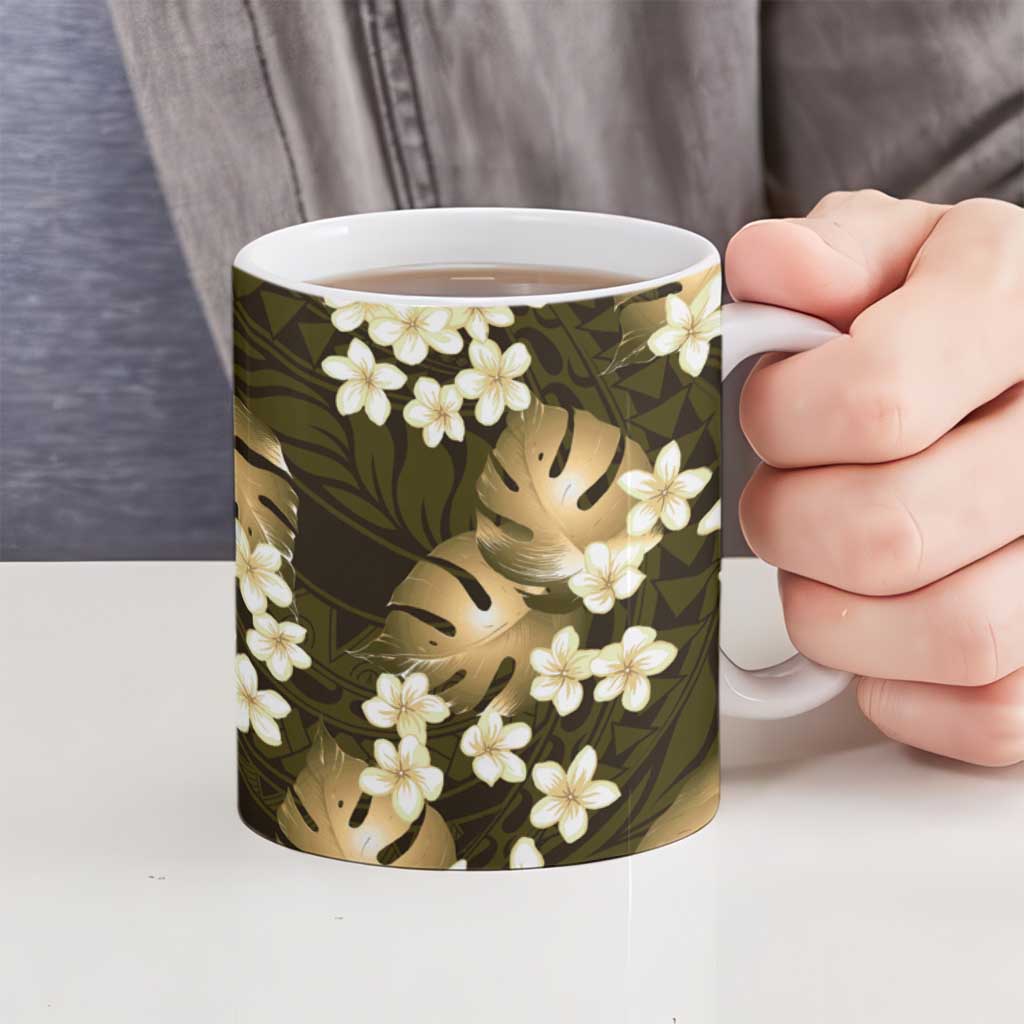 Gold Tropical Hawaii Ceramic Mug Seamless Monstera Plumeria Hawaiian Pattern LT14 - Polynesian Pride