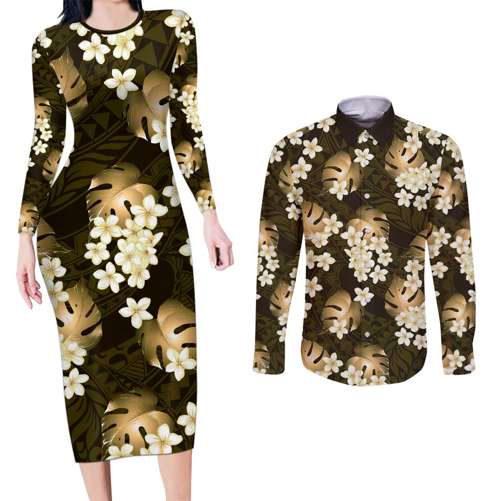 Gold Tropical Hawaii Couples Matching Long Sleeve Bodycon Dress and Long Sleeve Button Shirt Seamless Monstera Plumeria Hawaiian Pattern - Polynesian Pride