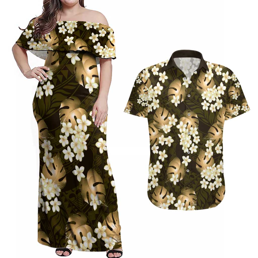 Gold Tropical Hawaii Couples Matching Off Shoulder Maxi Dress and Hawaiian Shirt Seamless Monstera Plumeria Hawaiian Pattern - Polynesian Pride