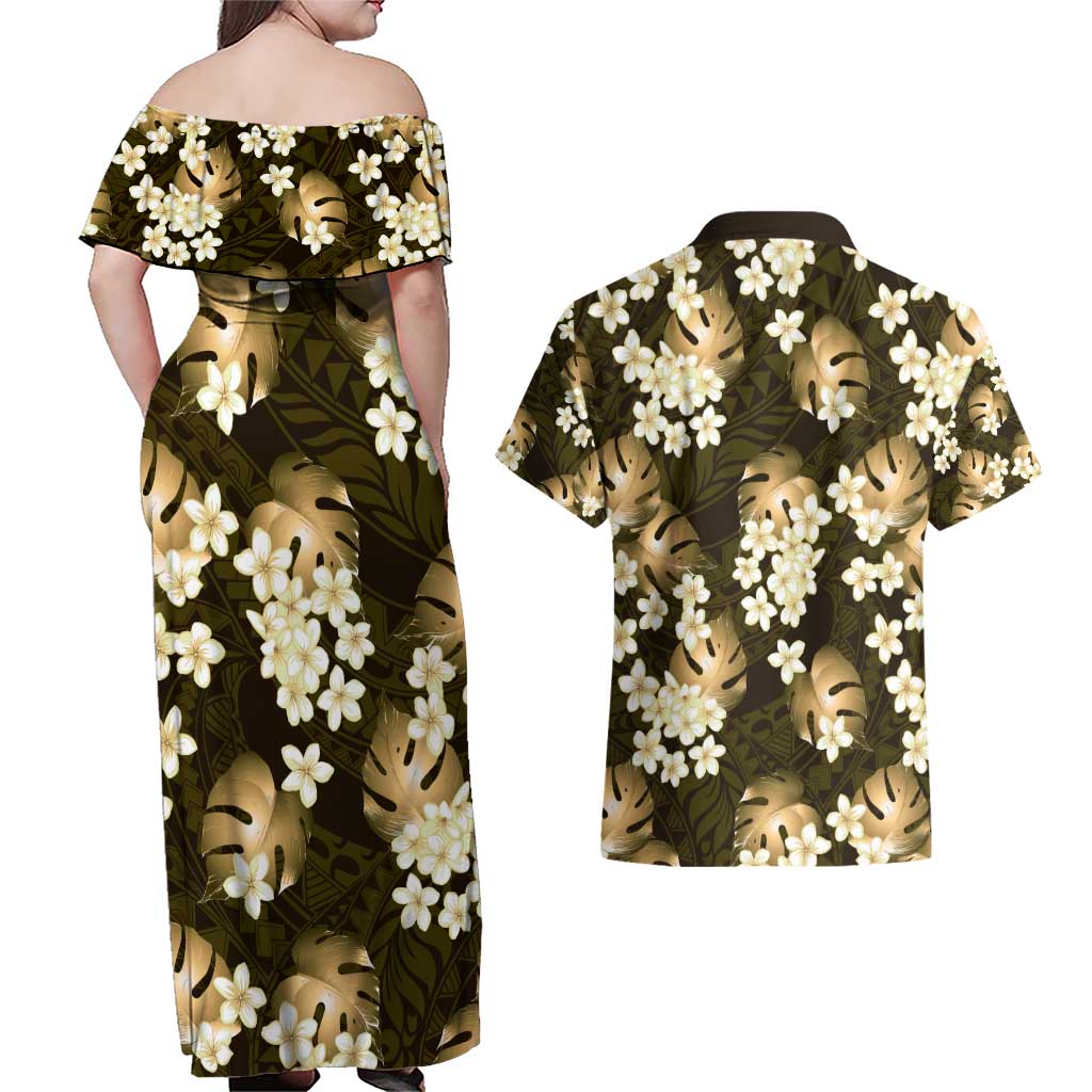 Gold Tropical Hawaii Couples Matching Off Shoulder Maxi Dress and Hawaiian Shirt Seamless Monstera Plumeria Hawaiian Pattern - Polynesian Pride