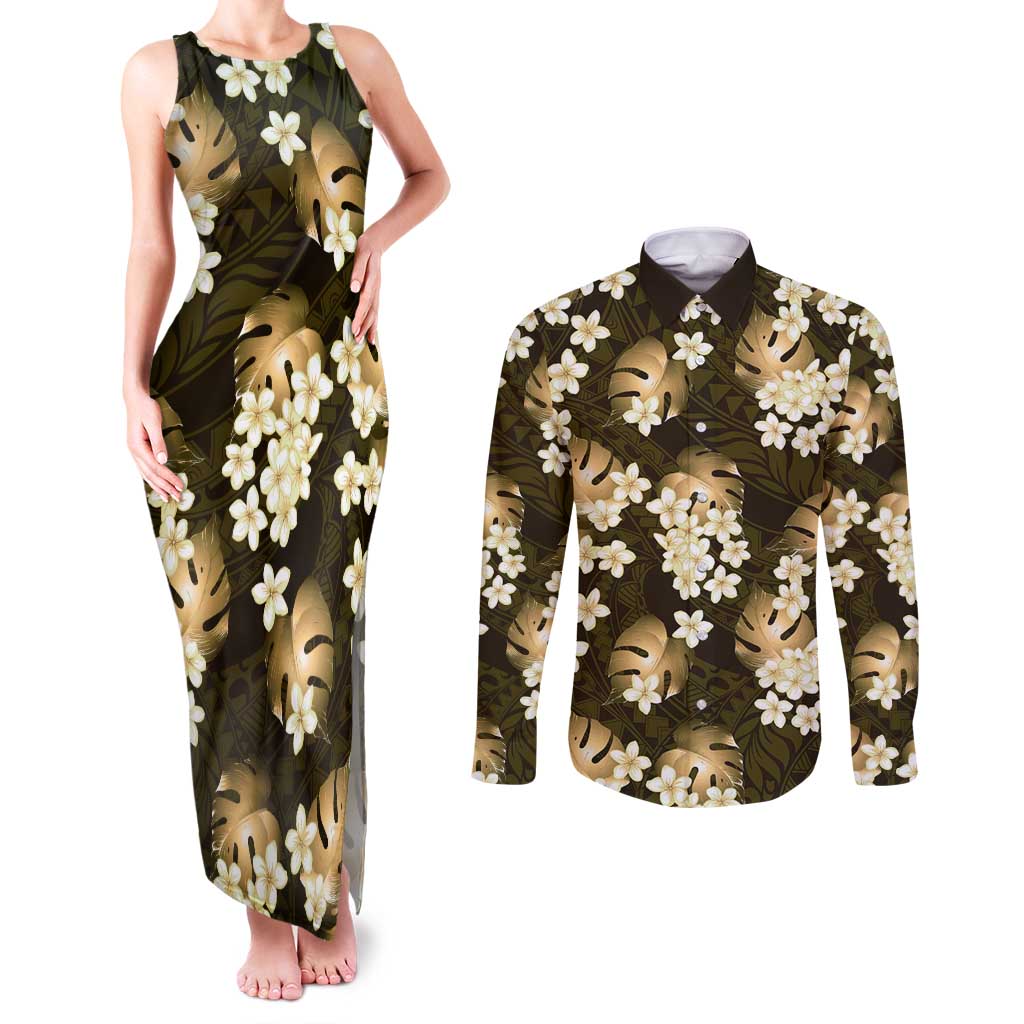 Gold Tropical Hawaii Couples Matching Tank Maxi Dress and Long Sleeve Button Shirt Seamless Monstera Plumeria Hawaiian Pattern - Polynesian Pride