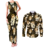 Gold Tropical Hawaii Couples Matching Tank Maxi Dress and Long Sleeve Button Shirt Seamless Monstera Plumeria Hawaiian Pattern - Polynesian Pride
