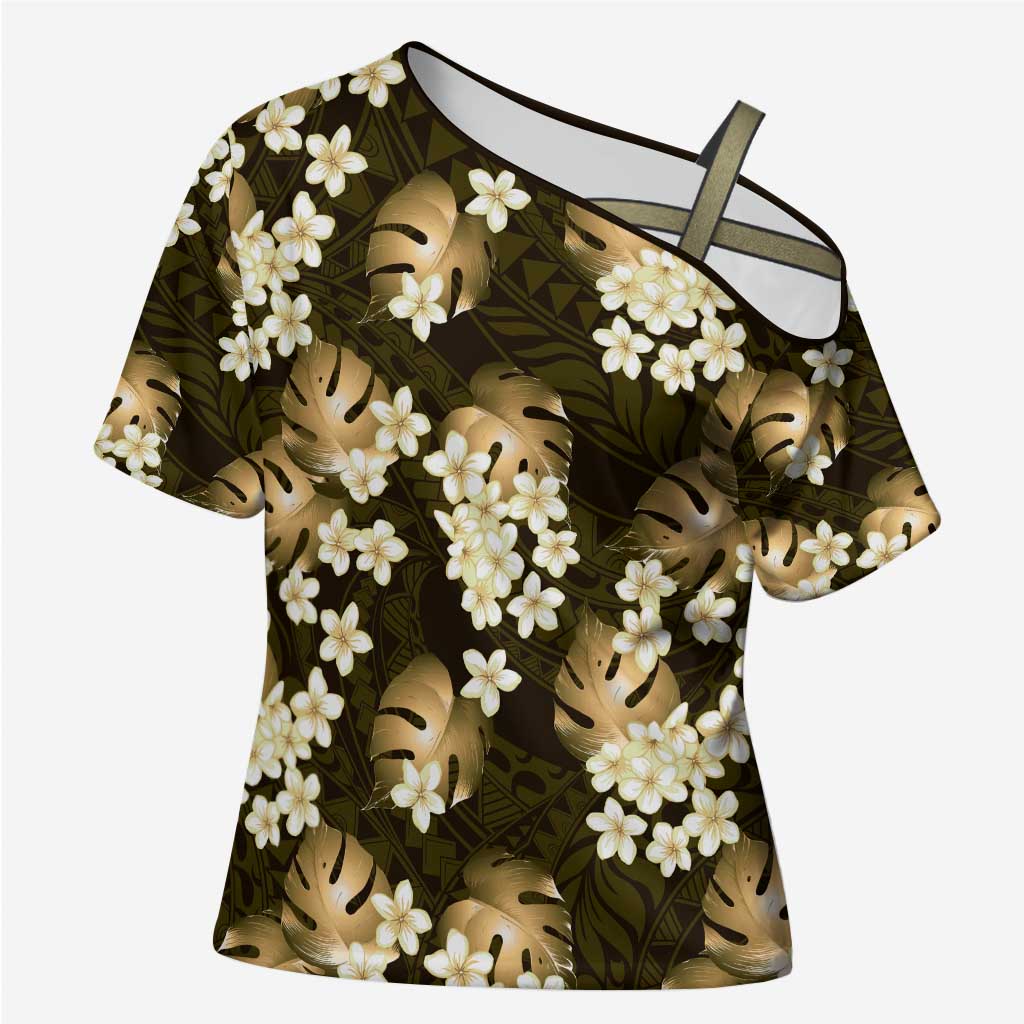 Gold Tropical Hawaii Cross Shoulder Shirt Seamless Monstera Plumeria Hawaiian Pattern LT14 Female Gold - Polynesian Pride