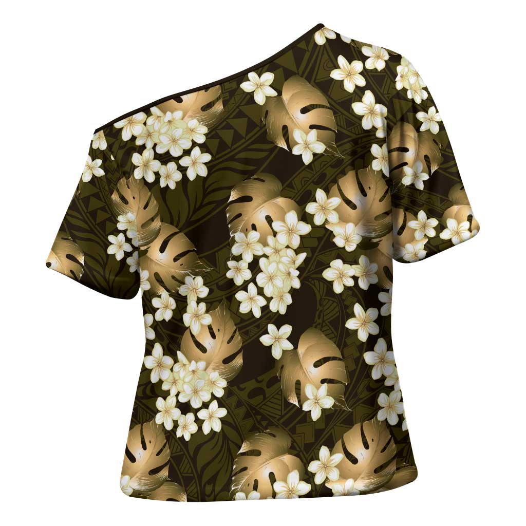 Gold Tropical Hawaii Cross Shoulder Shirt Seamless Monstera Plumeria Hawaiian Pattern LT14 - Polynesian Pride