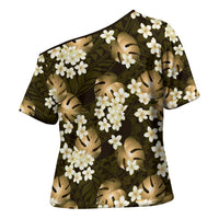 Gold Tropical Hawaii Cross Shoulder Shirt Seamless Monstera Plumeria Hawaiian Pattern LT14 - Polynesian Pride