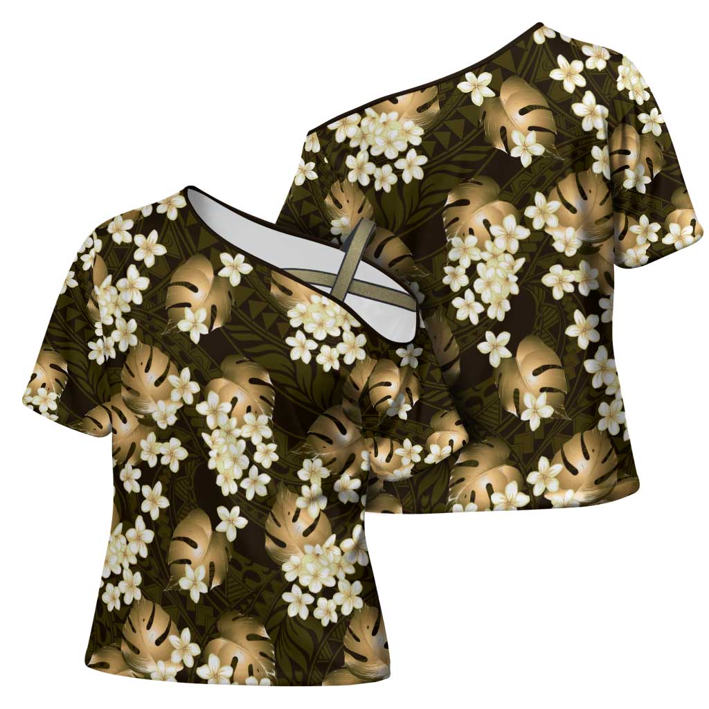 Gold Tropical Hawaii Cross Shoulder Shirt Seamless Monstera Plumeria Hawaiian Pattern LT14 - Polynesian Pride
