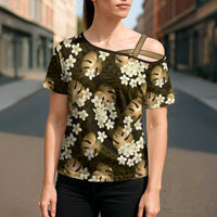 Gold Tropical Hawaii Cross Shoulder Shirt Seamless Monstera Plumeria Hawaiian Pattern LT14 - Polynesian Pride