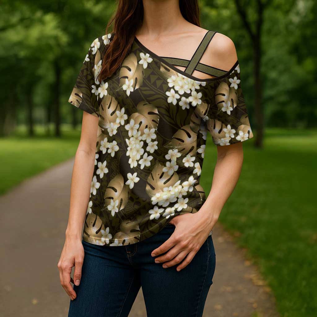 Gold Tropical Hawaii Cross Shoulder Shirt Seamless Monstera Plumeria Hawaiian Pattern LT14 - Polynesian Pride