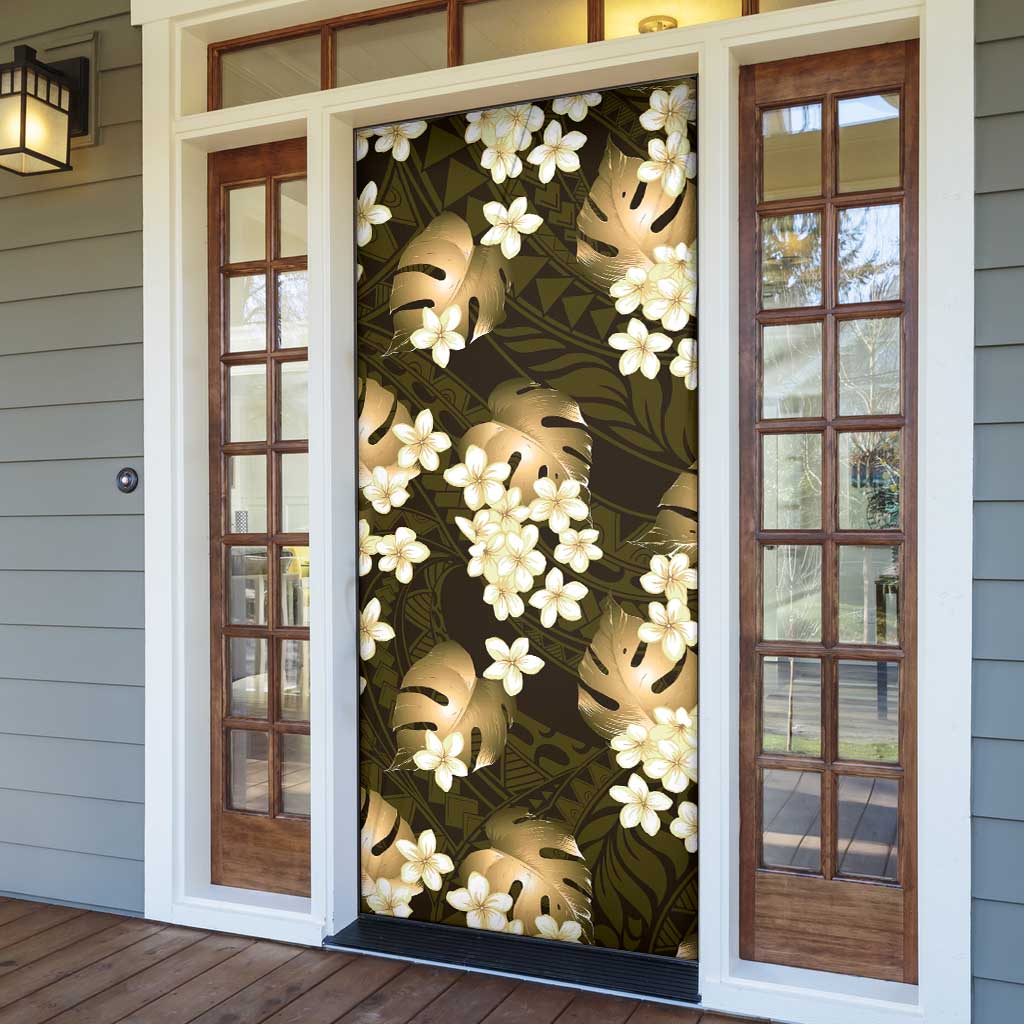 Gold Tropical Hawaii Door Cover Seamless Monstera Plumeria Hawaiian Pattern - Polynesian Pride