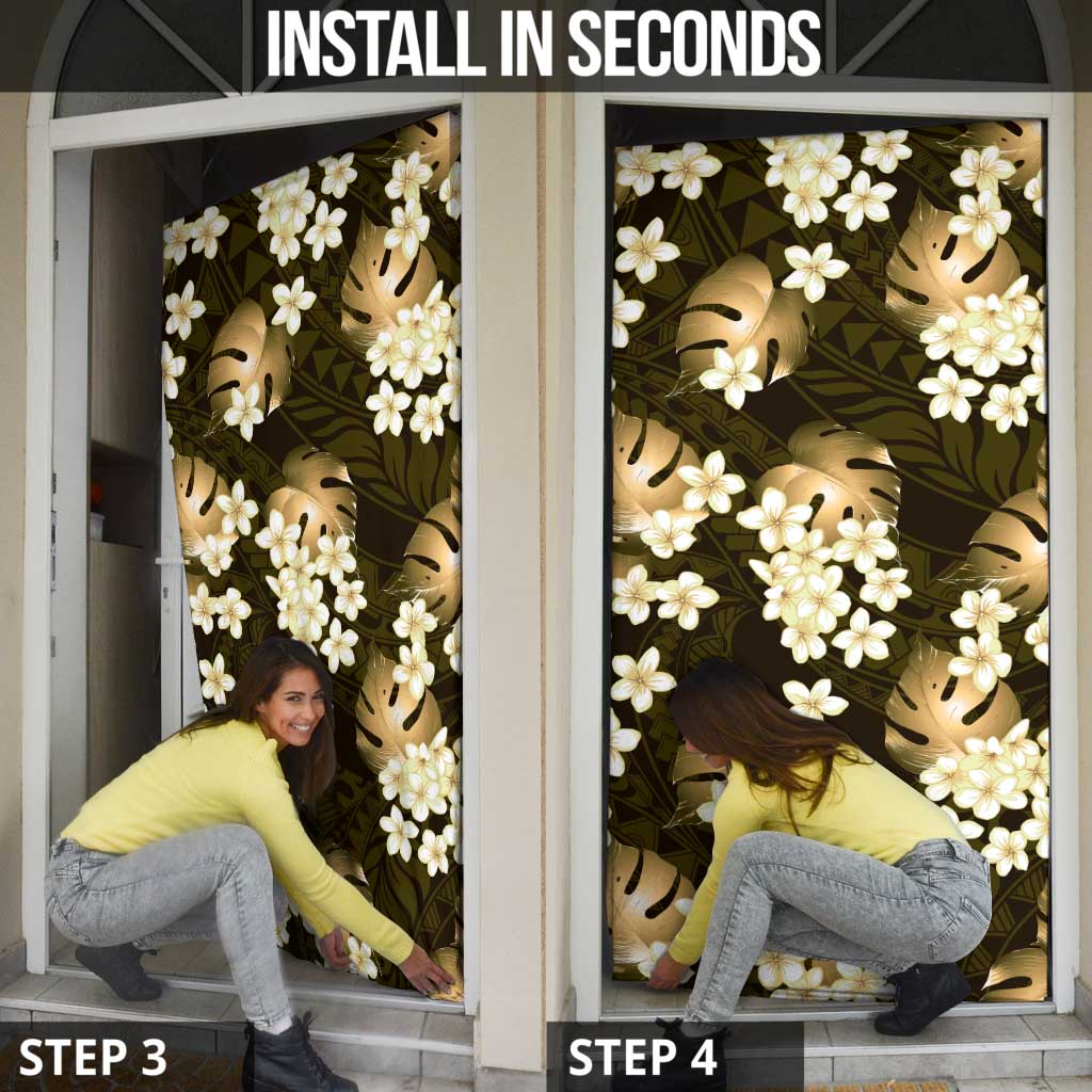 Gold Tropical Hawaii Door Cover Seamless Monstera Plumeria Hawaiian Pattern - Polynesian Pride