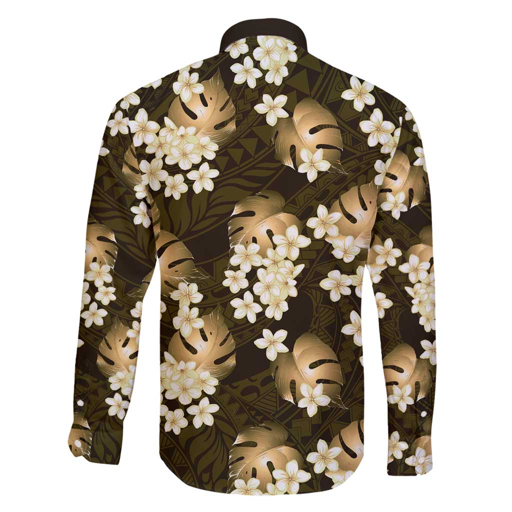 Gold Tropical Hawaii Family Matching Long Sleeve Bodycon Dress and Hawaiian Shirt Seamless Monstera Plumeria Hawaiian Pattern - Polynesian Pride