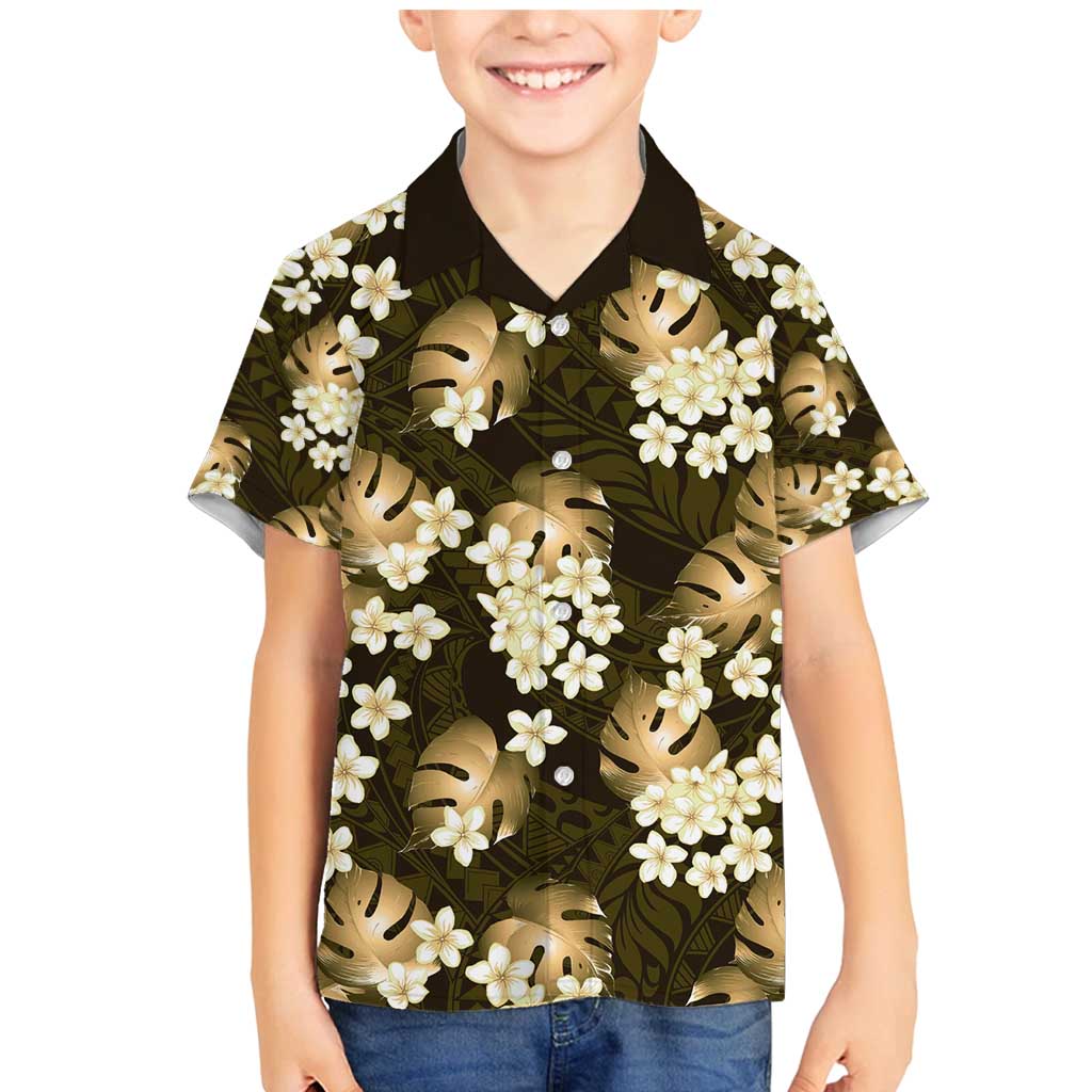 Gold Tropical Hawaii Family Matching Mermaid Dress and Hawaiian Shirt Seamless Monstera Plumeria Hawaiian Pattern - Polynesian Pride