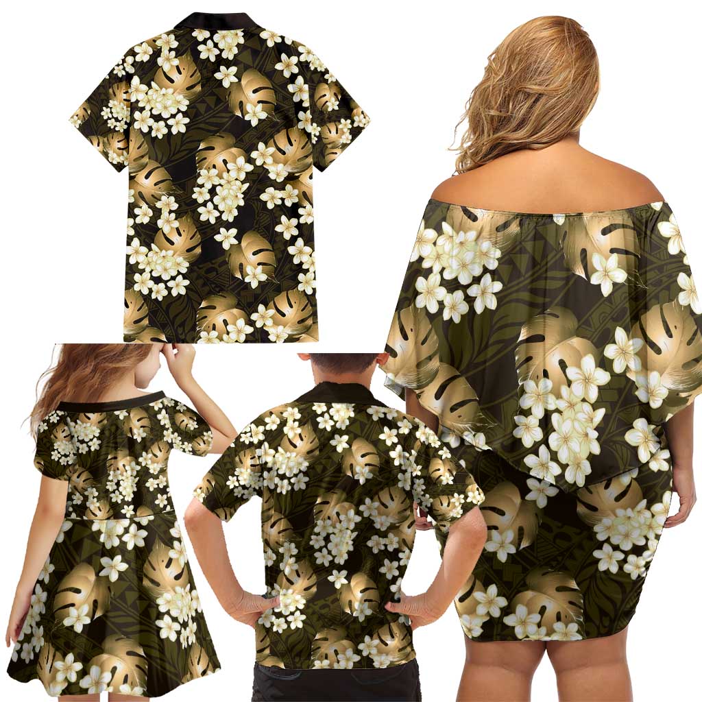 Gold Tropical Hawaii Family Matching Off Shoulder Short Dress and Hawaiian Shirt Seamless Monstera Plumeria Hawaiian Pattern - Polynesian Pride