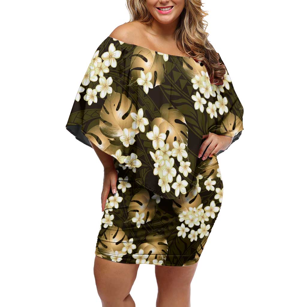 Gold Tropical Hawaii Family Matching Off Shoulder Short Dress and Hawaiian Shirt Seamless Monstera Plumeria Hawaiian Pattern - Polynesian Pride