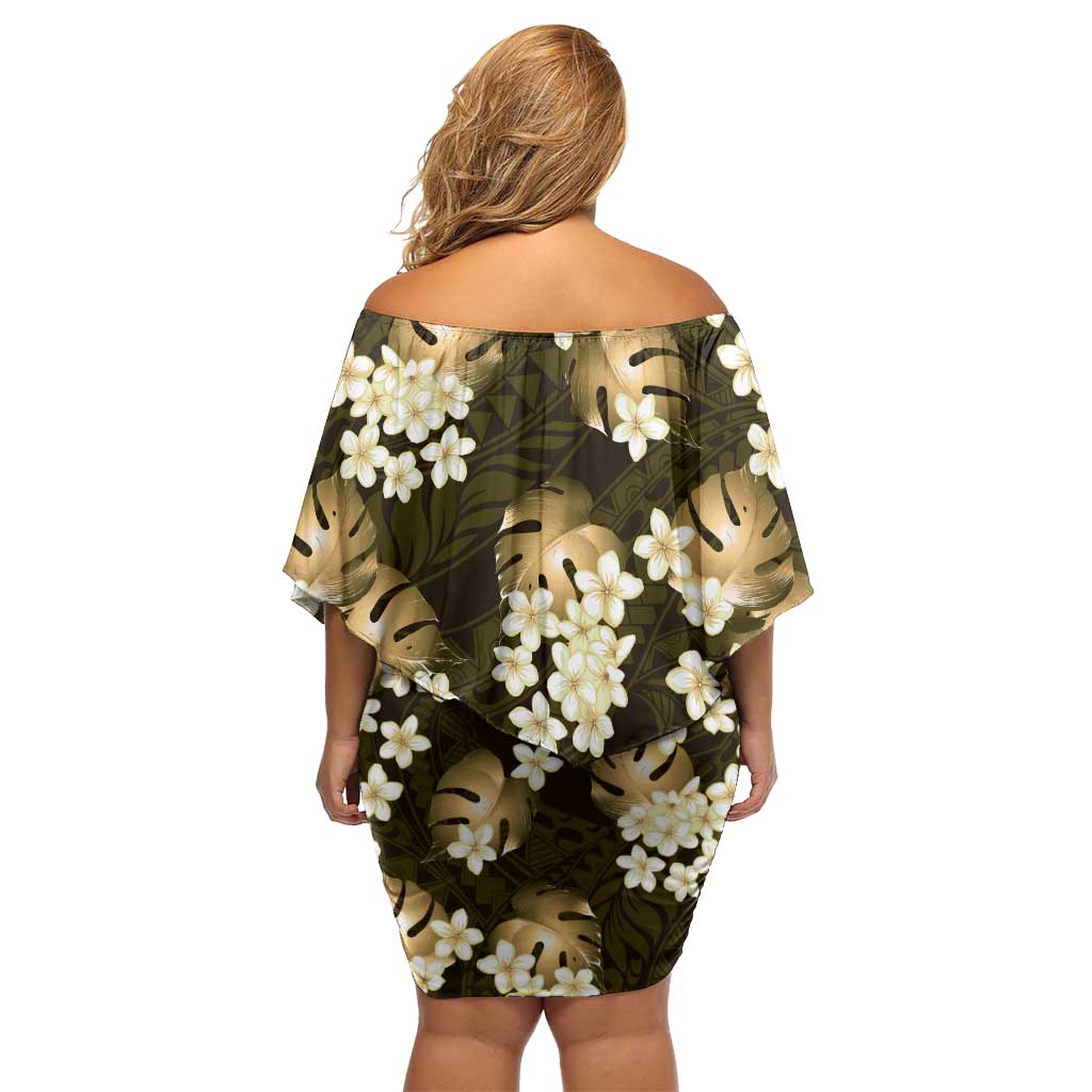 Gold Tropical Hawaii Family Matching Off Shoulder Short Dress and Hawaiian Shirt Seamless Monstera Plumeria Hawaiian Pattern - Polynesian Pride