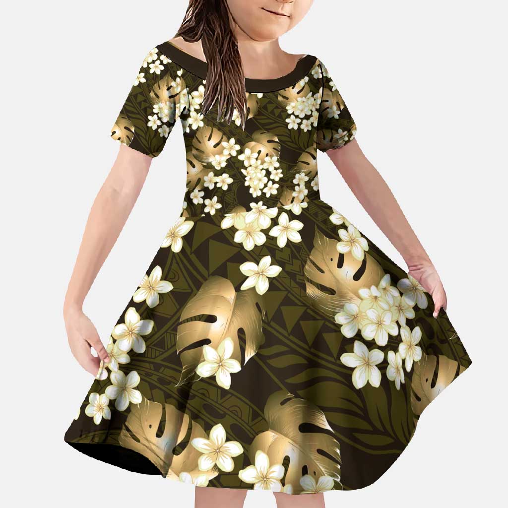 Gold Tropical Hawaii Family Matching Short Sleeve Bodycon Dress and Hawaiian Shirt Seamless Monstera Plumeria Hawaiian Pattern - Polynesian Pride