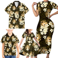 Gold Tropical Hawaii Family Matching Short Sleeve Bodycon Dress and Hawaiian Shirt Seamless Monstera Plumeria Hawaiian Pattern - Polynesian Pride