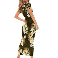 Gold Tropical Hawaii Family Matching Short Sleeve Bodycon Dress and Hawaiian Shirt Seamless Monstera Plumeria Hawaiian Pattern - Polynesian Pride