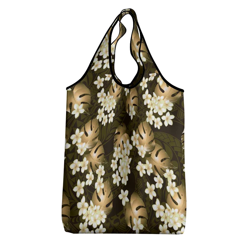 Gold Tropical Hawaii Grocery Bag Seamless Monstera Plumeria Hawaiian Pattern - Polynesian Pride
