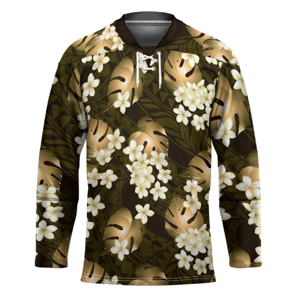 Gold Tropical Hawaii Hockey Jersey Seamless Monstera Plumeria Hawaiian Pattern LT14 Unisex Gold - Polynesian Pride