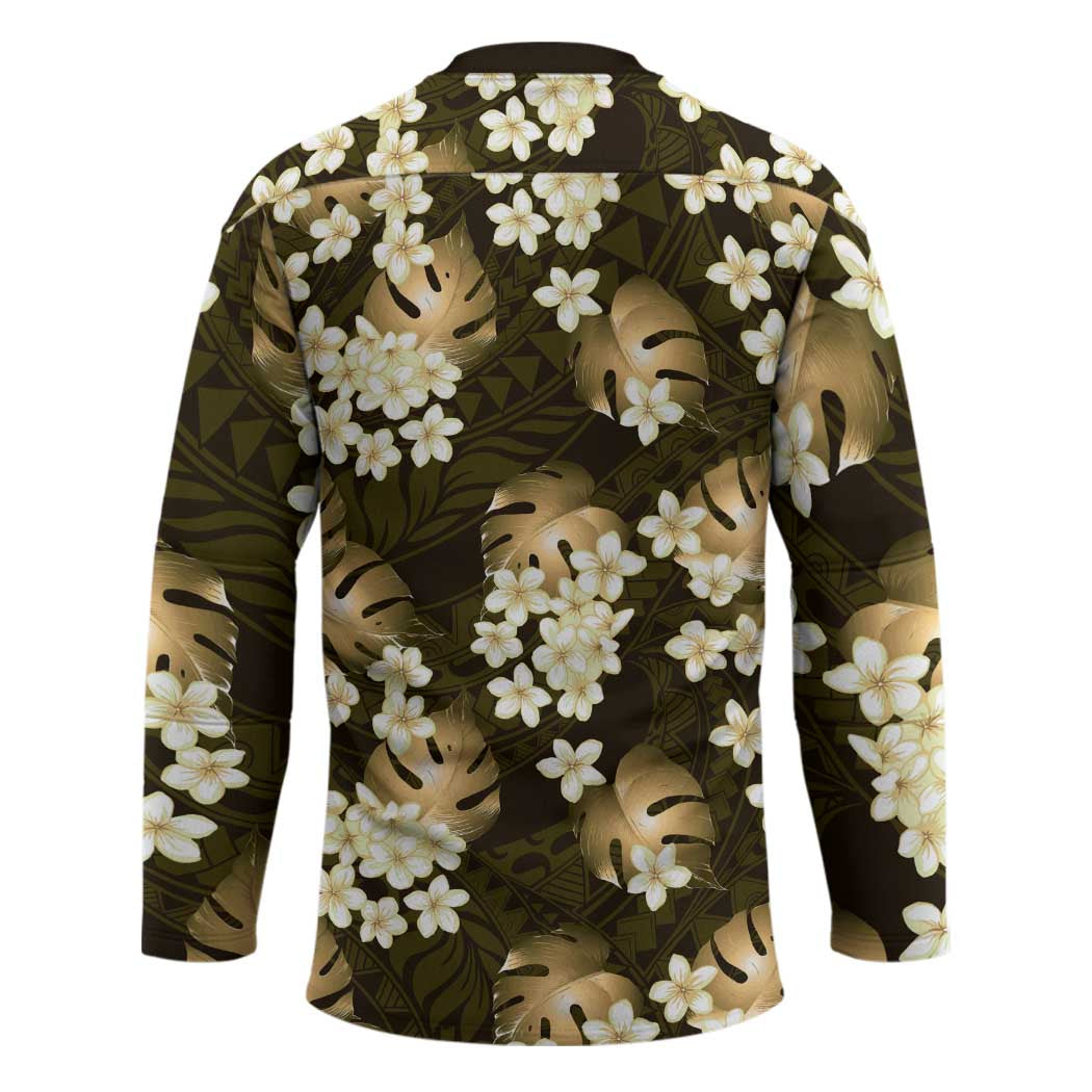 Gold Tropical Hawaii Hockey Jersey Seamless Monstera Plumeria Hawaiian Pattern LT14 - Polynesian Pride