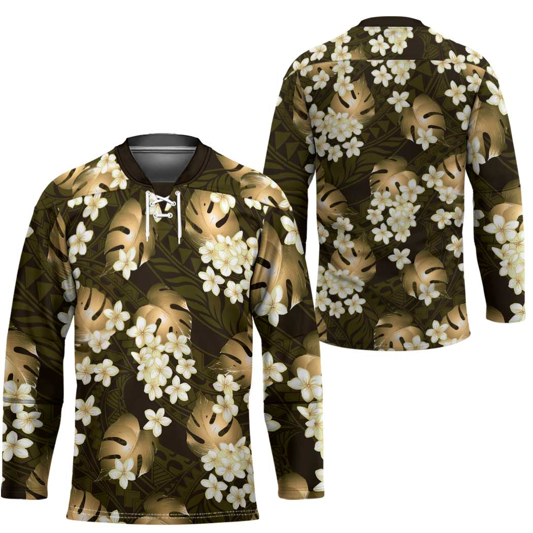 Gold Tropical Hawaii Hockey Jersey Seamless Monstera Plumeria Hawaiian Pattern LT14 - Polynesian Pride