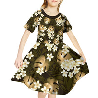 Gold Tropical Hawaii Kid Short Sleeve Dress Seamless Monstera Plumeria Hawaiian Pattern - Polynesian Pride