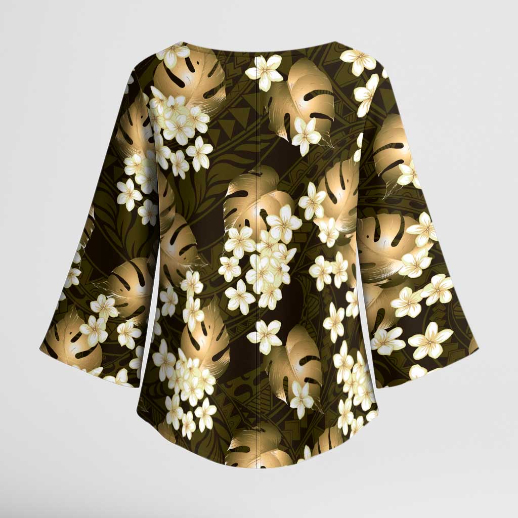 Gold Tropical Hawaii Kimono Sleeve Blouse Seamless Monstera Plumeria Hawaiian Pattern LT14 - Polynesian Pride