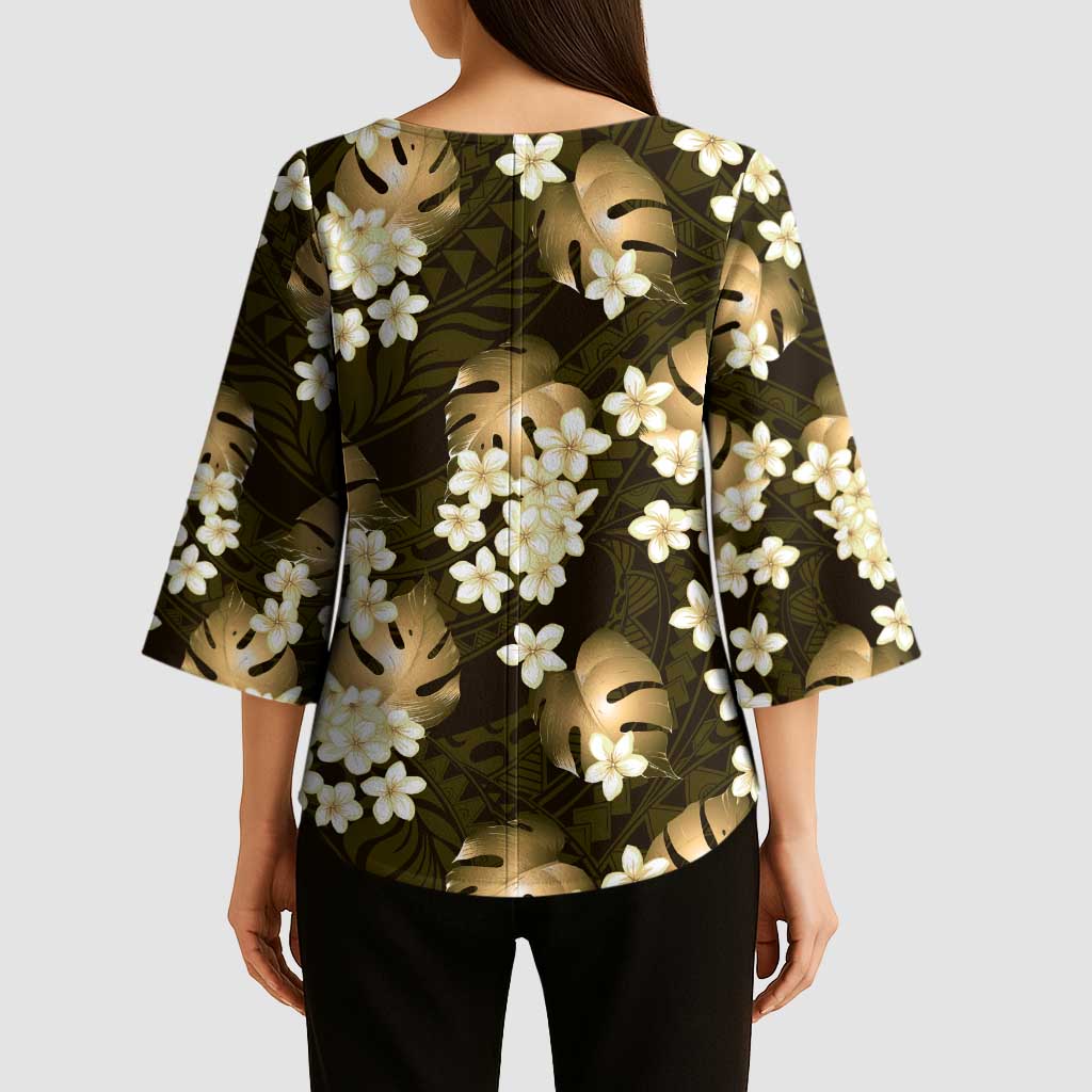 Gold Tropical Hawaii Kimono Sleeve Blouse Seamless Monstera Plumeria Hawaiian Pattern LT14 - Polynesian Pride