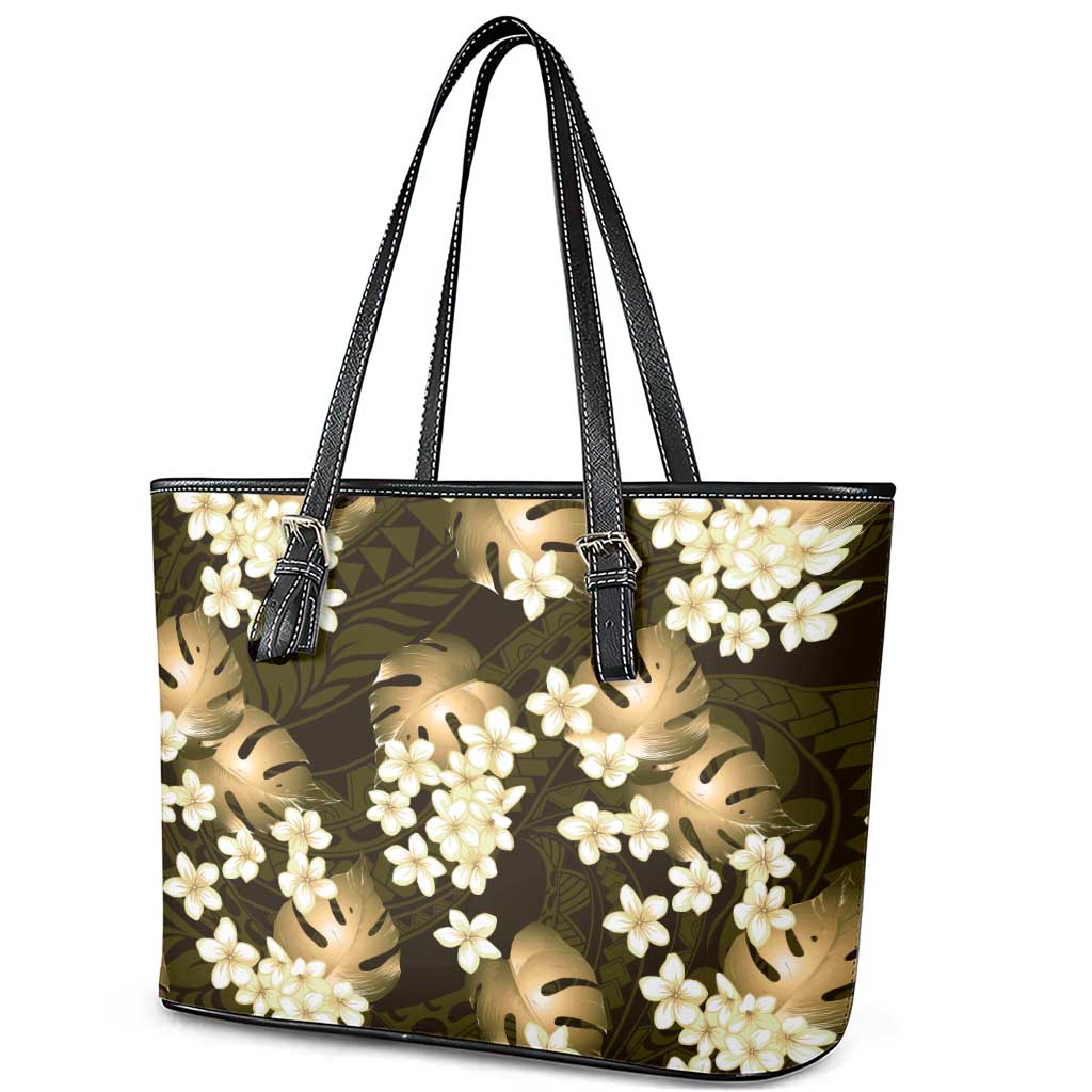 Gold Tropical Hawaii Leather Tote Bag Seamless Monstera Plumeria Hawaiian Pattern - Polynesian Pride