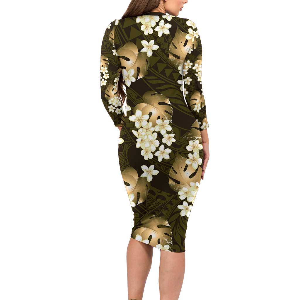 Gold Tropical Hawaii Long Sleeve Bodycon Dress Seamless Monstera Plumeria Hawaiian Pattern - Polynesian Pride