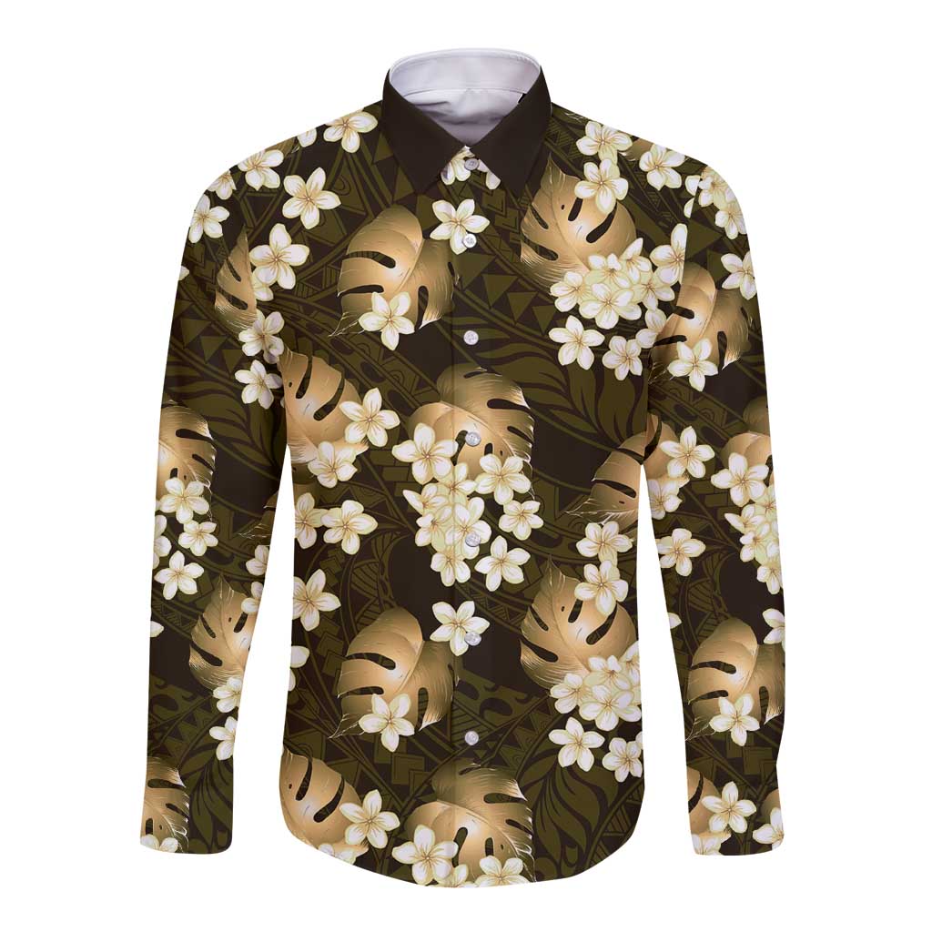 Gold Tropical Hawaii Long Sleeve Button Shirt Seamless Monstera Plumeria Hawaiian Pattern LT14 Unisex Gold - Polynesian Pride