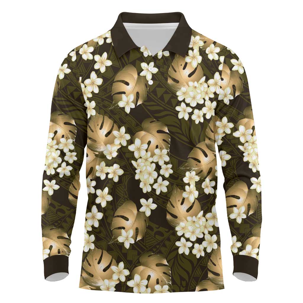 Gold Tropical Hawaii Long Sleeve Polo Shirt Seamless Monstera Plumeria Hawaiian Pattern LT14 Gold - Polynesian Pride