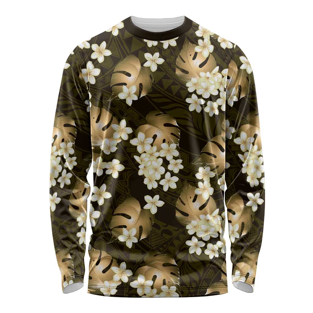 Gold Tropical Hawaii Long Sleeve Shirt Seamless Monstera Plumeria Hawaiian Pattern LT14 Unisex Gold - Polynesian Pride