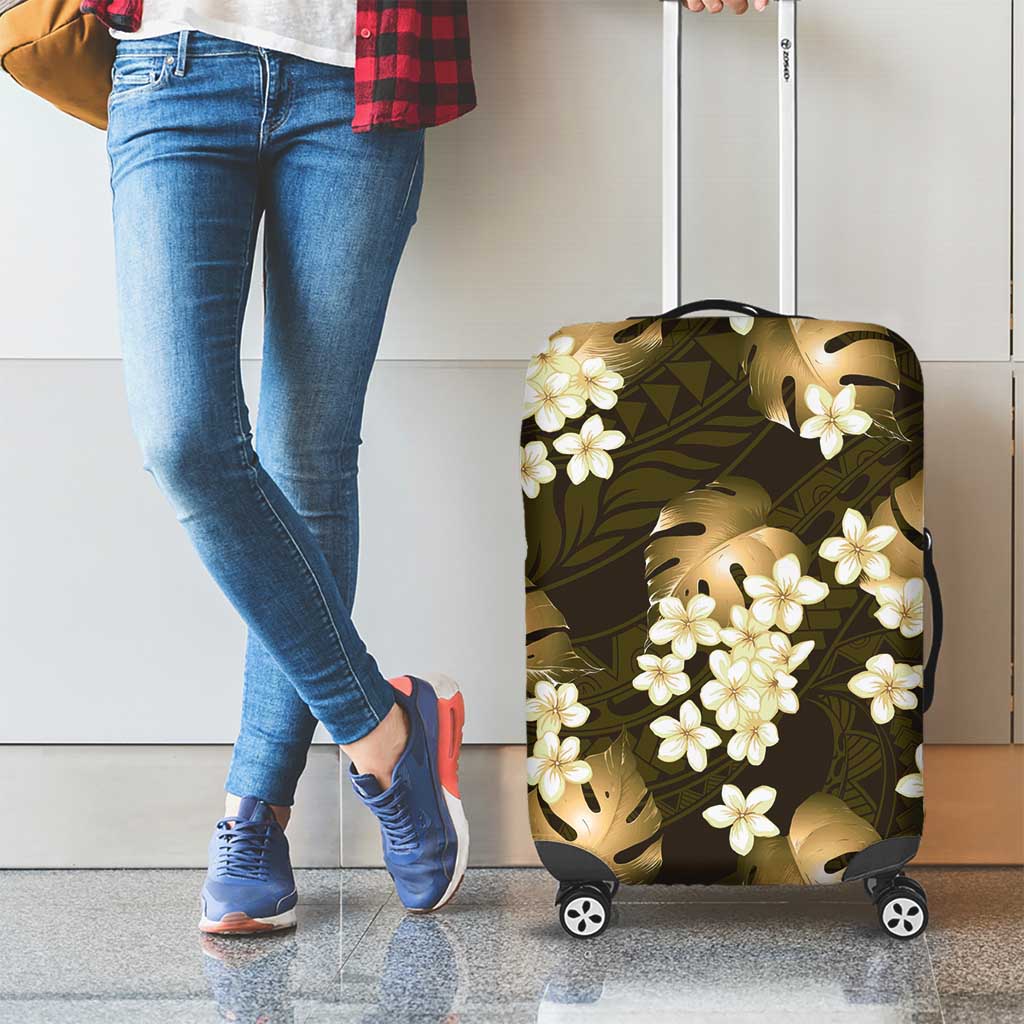 Gold Tropical Hawaii Luggage Cover Seamless Monstera Plumeria Hawaiian Pattern - Polynesian Pride
