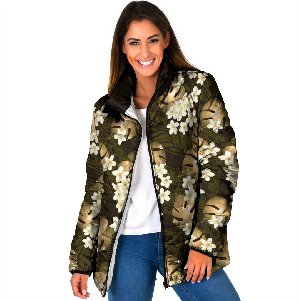 Gold Tropical Hawaii Padded Jacket Seamless Monstera Plumeria Hawaiian Pattern LT14 Women Gold - Polynesian Pride