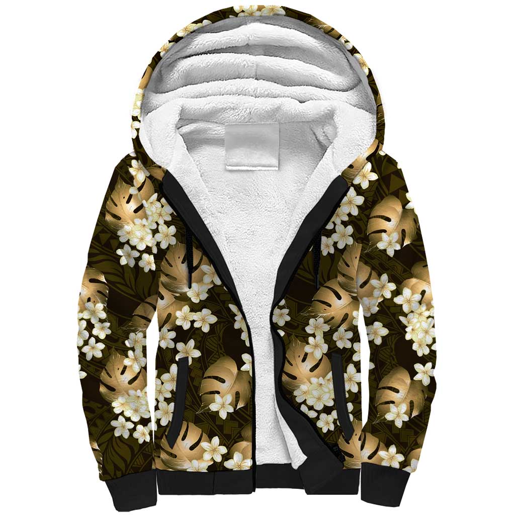 Gold Tropical Hawaii Sherpa Hoodie Seamless Monstera Plumeria Hawaiian Pattern LT14 Unisex Gold - Polynesian Pride