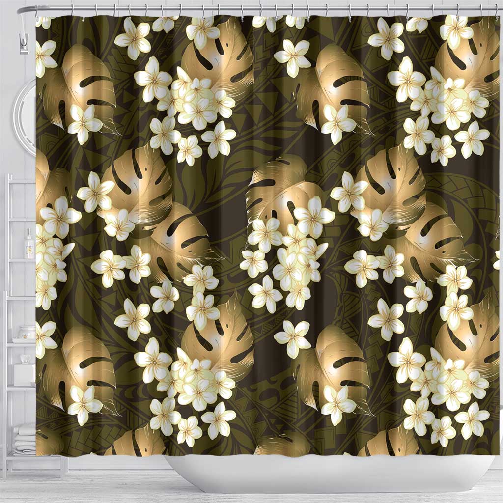 Gold Tropical Hawaii Shower Curtain Seamless Monstera Plumeria Hawaiian Pattern - Polynesian Pride