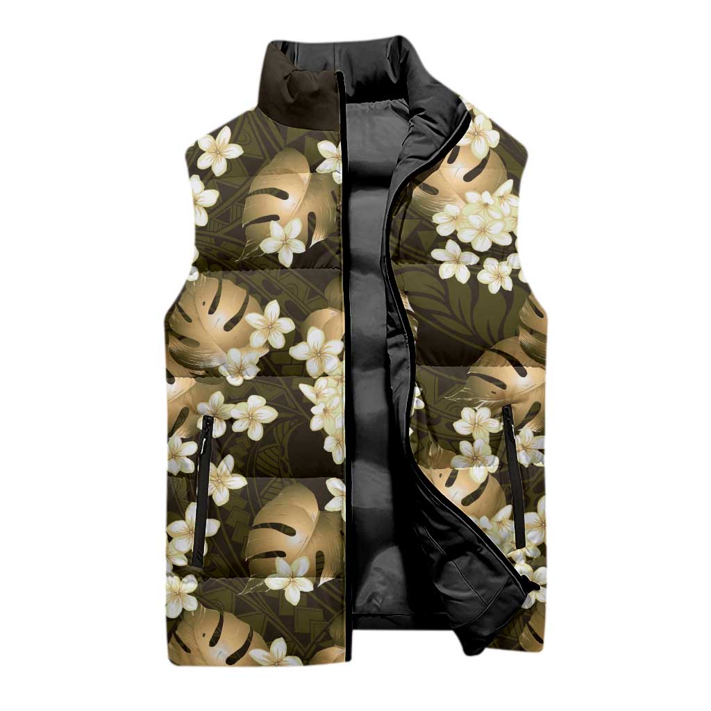 Gold Tropical Hawaii Sleeveless Puffer Jacket Seamless Monstera Plumeria Hawaiian Pattern LT14 - Polynesian Pride