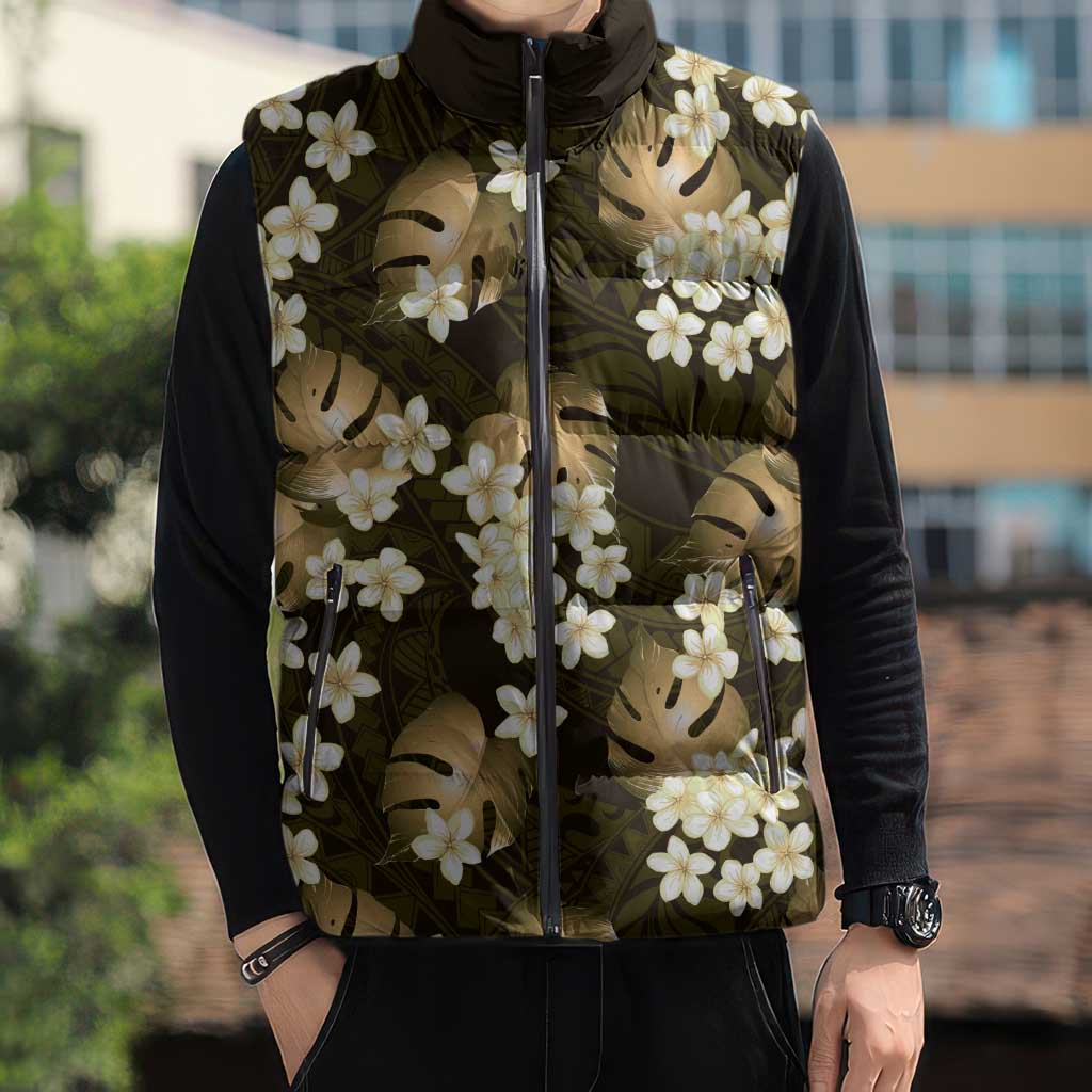 Gold Tropical Hawaii Sleeveless Puffer Jacket Seamless Monstera Plumeria Hawaiian Pattern LT14 - Polynesian Pride