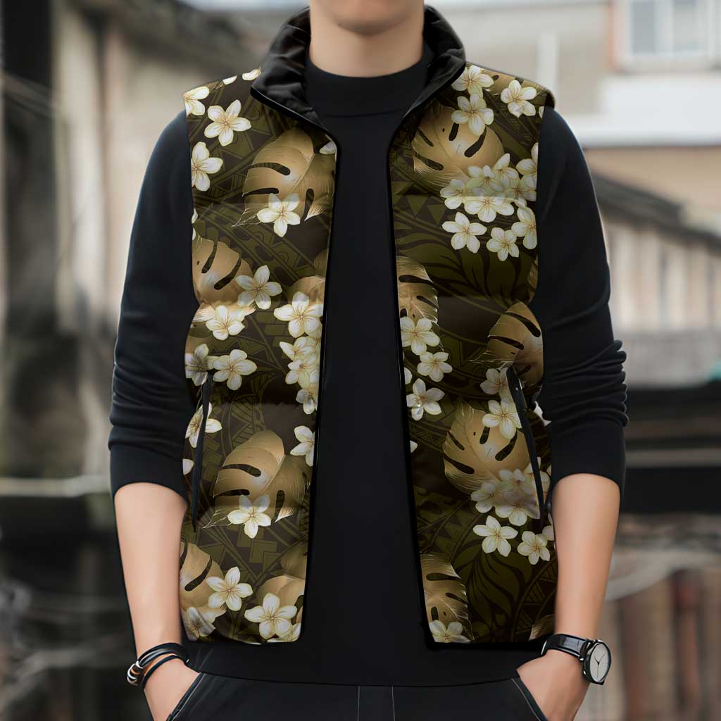 Gold Tropical Hawaii Sleeveless Puffer Jacket Seamless Monstera Plumeria Hawaiian Pattern LT14 - Polynesian Pride
