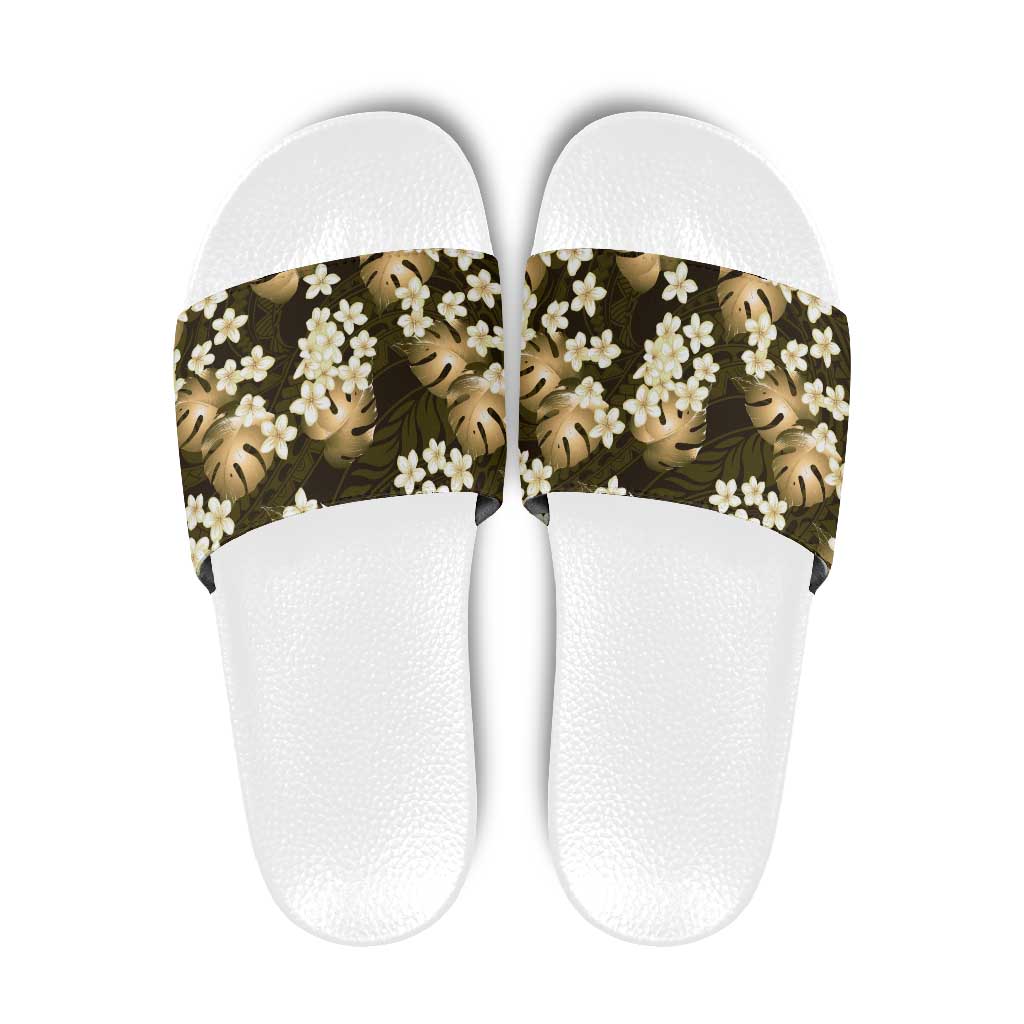 Gold Tropical Hawaii Slide Sandals Seamless Monstera Plumeria Hawaiian Pattern - Polynesian Pride