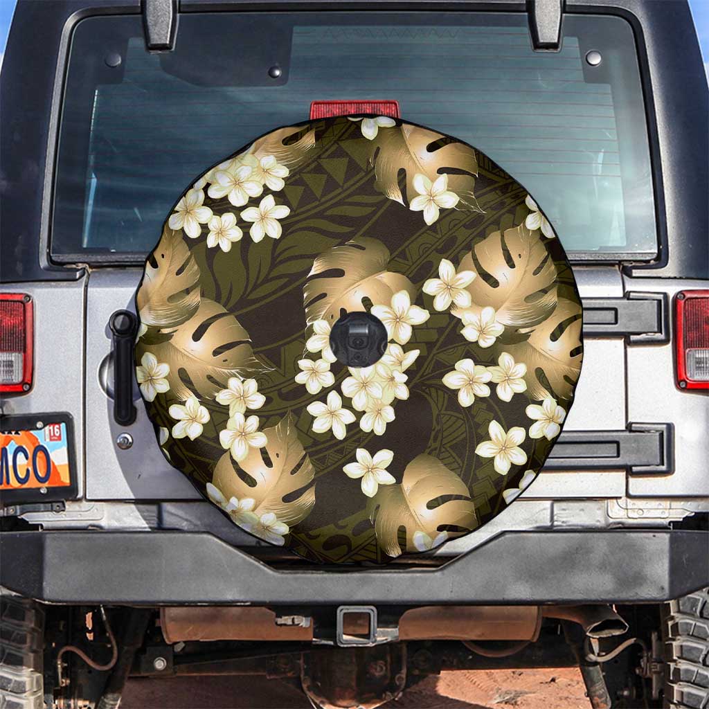 Gold Tropical Hawaii Spare Tire Cover Seamless Monstera Plumeria Hawaiian Pattern - Polynesian Pride